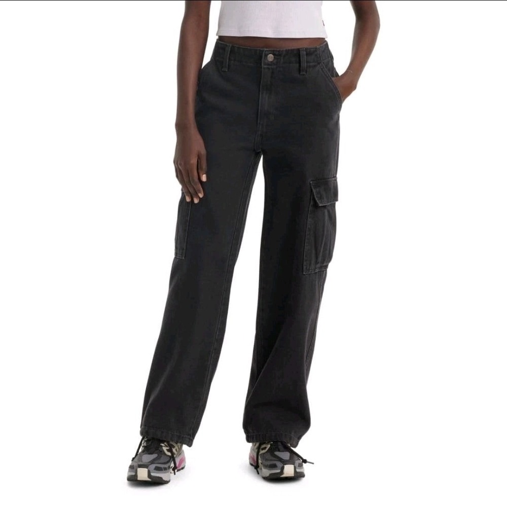 Levi's 94 Black Baggy‎ Wide Leg Cargo Pants Denim Women's Size 32 X 27